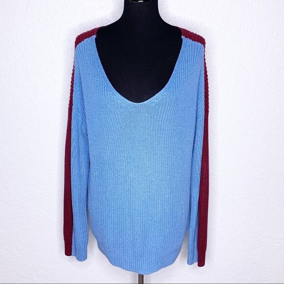 Urban Outfitters blue maroon colorblock knit v neck sweater size Medium - Picture 1 of 10